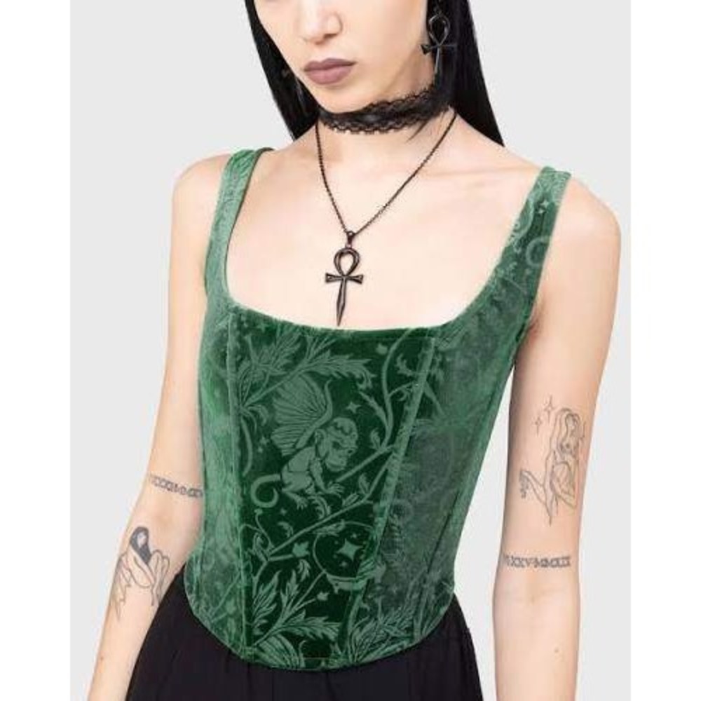Killstar Emerald Envy Corset Top Green Burnout Velvet Damask Gothic Size XS